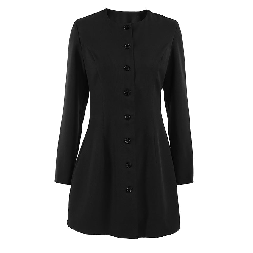 Manteau élégant femme – Col rond, manches longues, taille cintrée, coupe slim