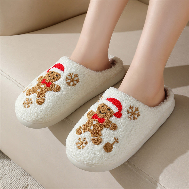 Chaussons de Noël Femme – Flocons de neige & Pain d’épice, antidérapants et douillets