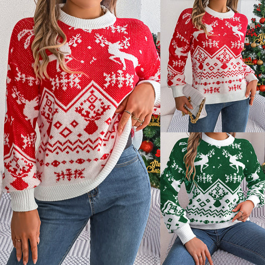 Nouveau 2025 – Pull hoodie décontracté automne/hiver pour femme, motif cerf, manches longues – Spécial Noël, tricoté, rouge ou vert