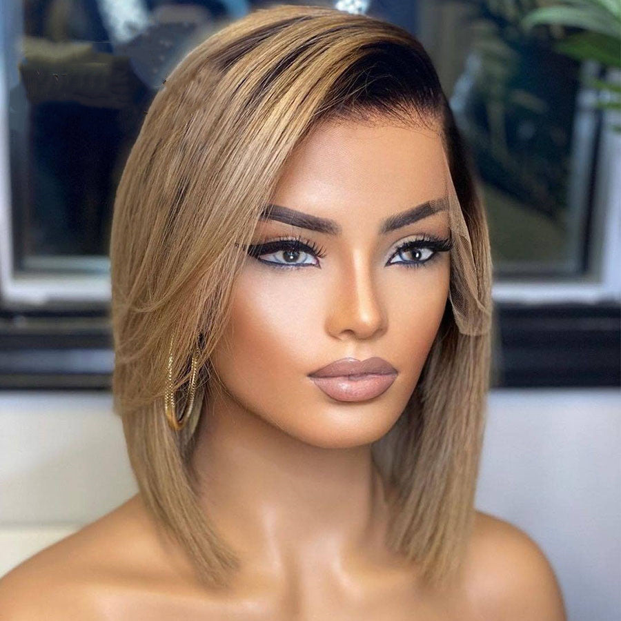 Perruque courte lisse en cheveux humains avec dentelle frontale – Look naturel et confortable