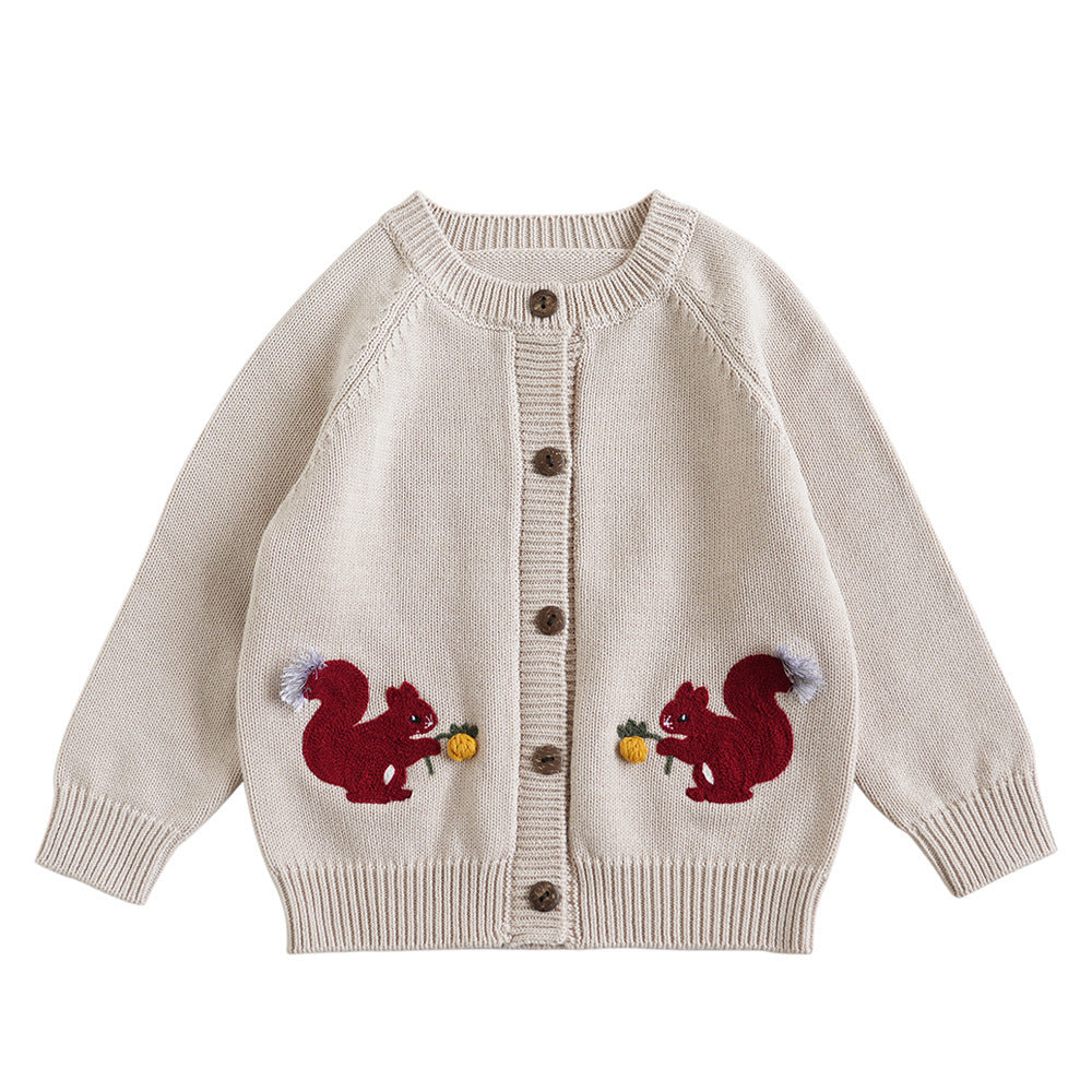 Pull tricoté pour enfants – Écureuil brodé en fil de coton