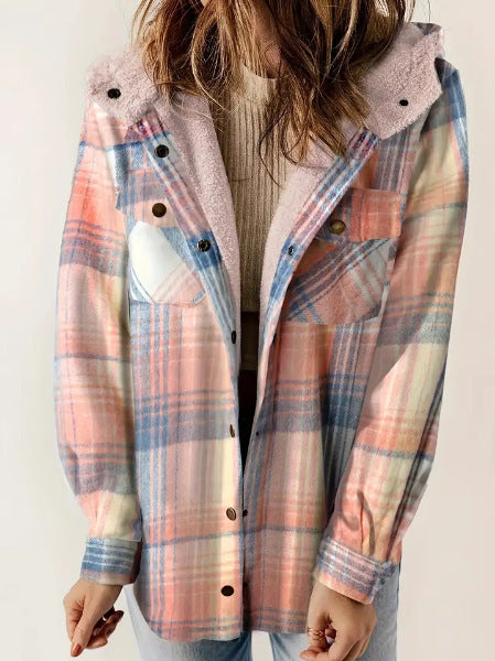 Manteau casual à carreaux avec capuche – Doublure polaire épaissie et chaud