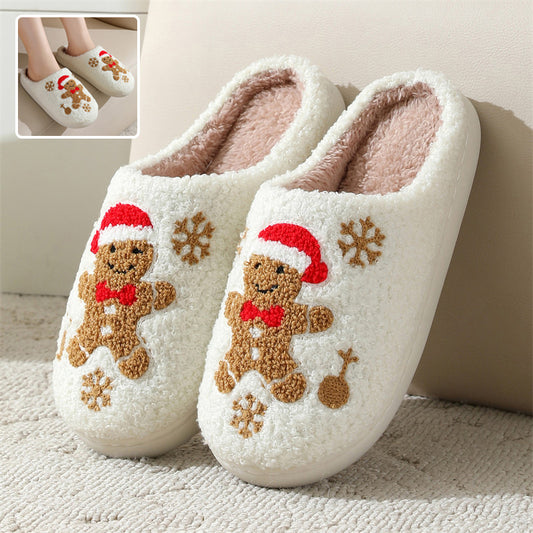 Chaussons de Noël Femme – Flocons de neige & Pain d’épice, antidérapants et douillets