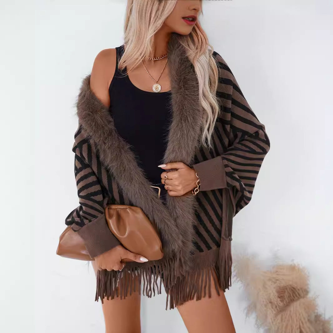 Châle cape tricotée à rayures avec franges – Mode automne & hiver style européen et américain
