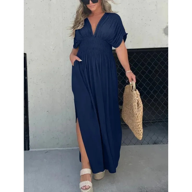 Robe Longue d’Été Femme – Manches Chauve-Souris, Col en V, Taille Élastique et Fente Élégante