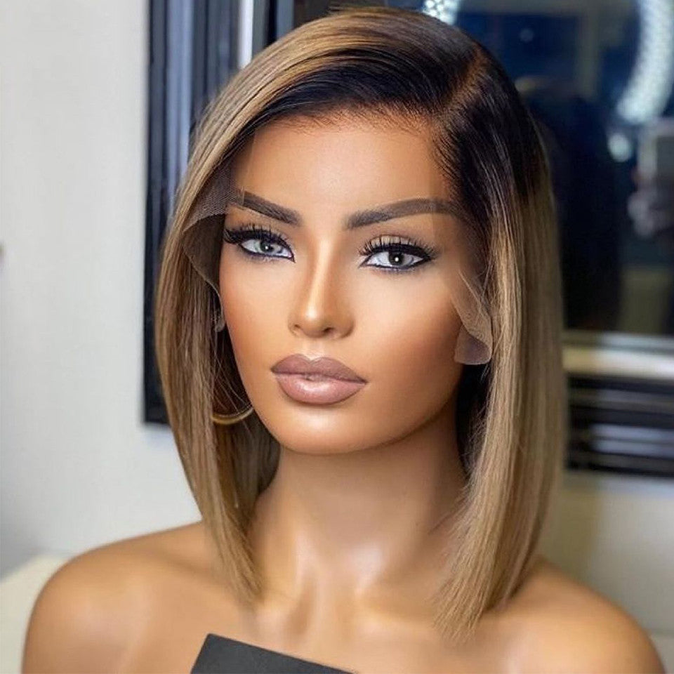 Perruque courte lisse en cheveux humains avec dentelle frontale – Look naturel et confortable