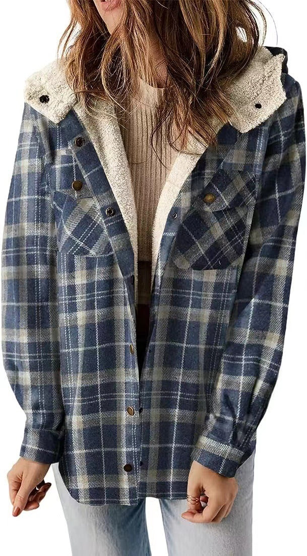 Manteau casual à carreaux avec capuche – Doublure polaire épaissie et chaud