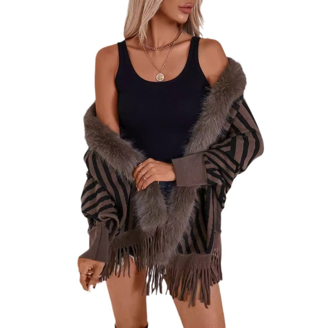 Châle cape tricotée à rayures avec franges – Mode automne & hiver style européen et américain