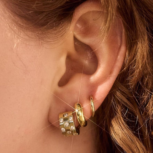 Boucles d’oreilles clous en zircone cubique, motif damier, plaqué or 14K