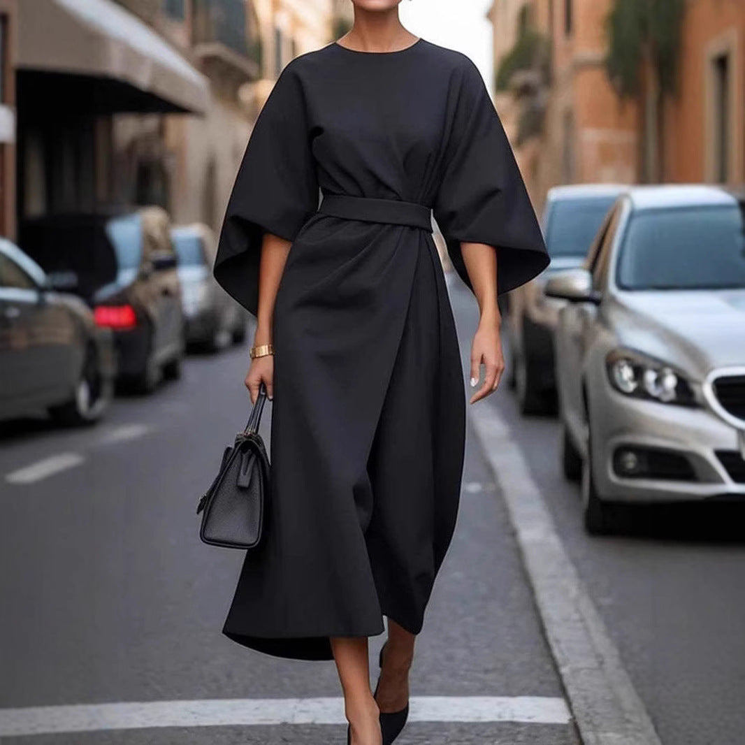 Robe femme à manches chauve-souris – Taille cintrée, couleur unie élégante
