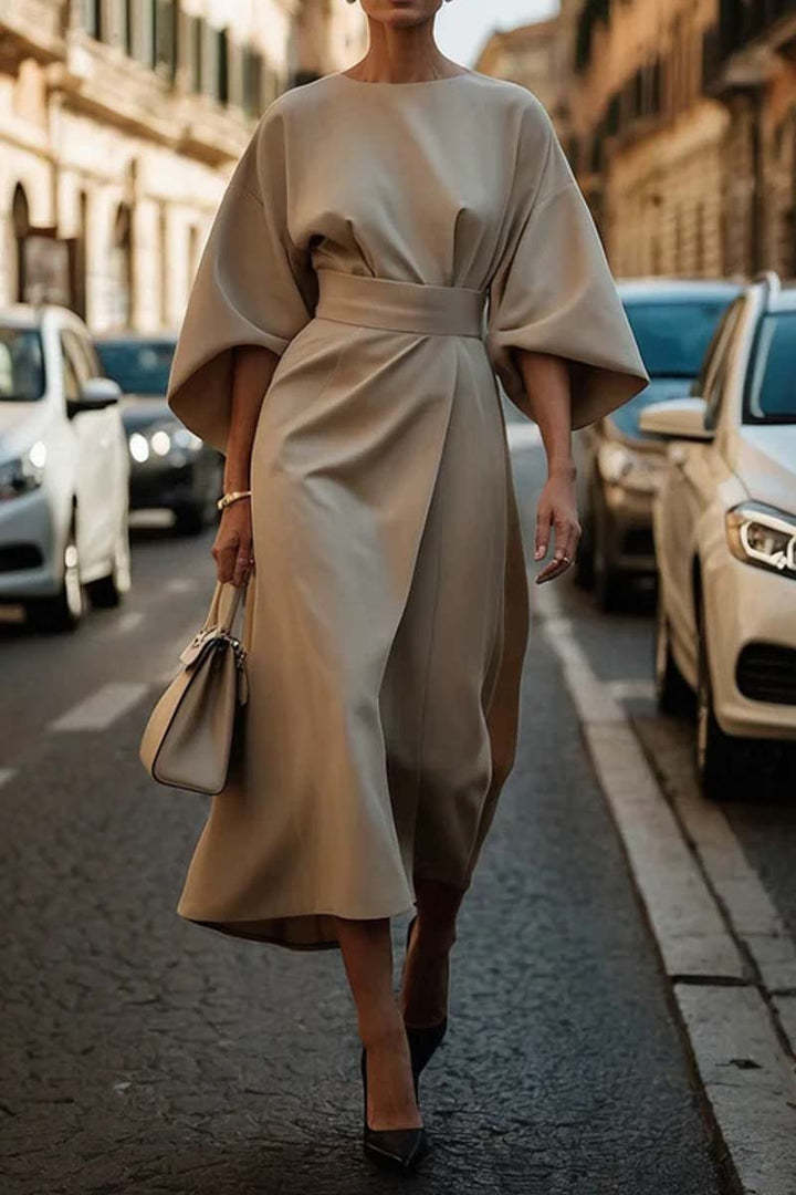 Robe femme à manches chauve-souris – Taille cintrée, couleur unie élégante