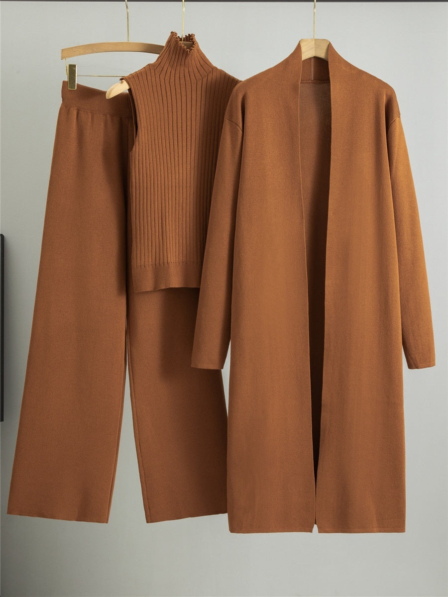 Ensemble 3 pièces femme – Pull sans manches, cardigan long et pantalon large