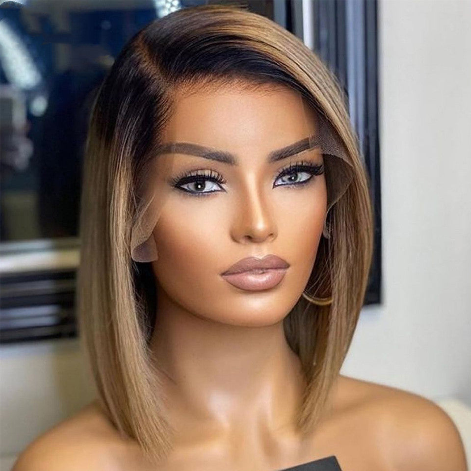 Perruque courte lisse en cheveux humains avec dentelle frontale – Look naturel et confortable