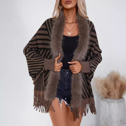 Châle cape tricotée à rayures avec franges – Mode automne & hiver style européen et américain