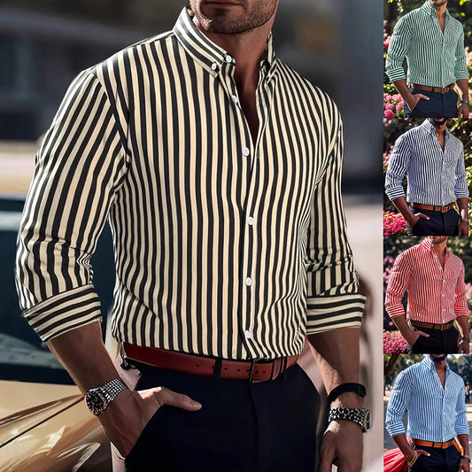 Chemise Homme à Rayures – Manches Longues, Col Revers, Style Décontracté