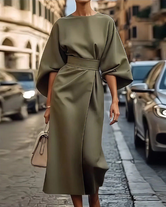 Robe femme à manches chauve-souris – Taille cintrée, couleur unie élégante
