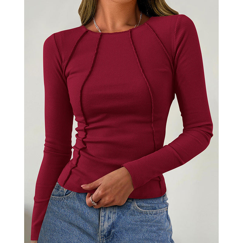 T-shirt Femme Manches Longues Col Rond – Coupe Ajustée, Mode Automne