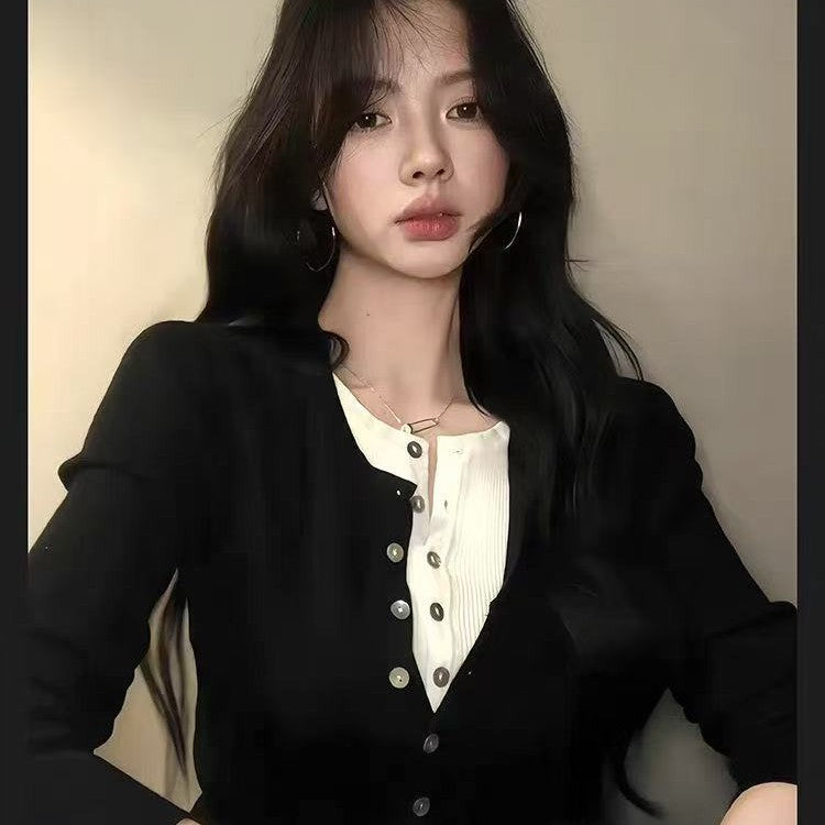 Haut de base femme noir en maille – Effet deux-pièces