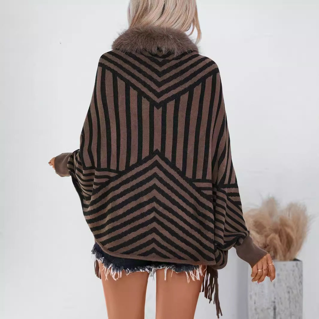 Châle cape tricotée à rayures avec franges – Mode automne & hiver style européen et américain
