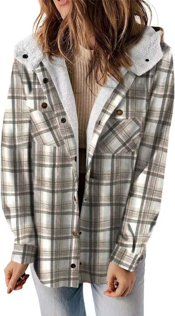 Manteau casual à carreaux avec capuche – Doublure polaire épaissie et chaud