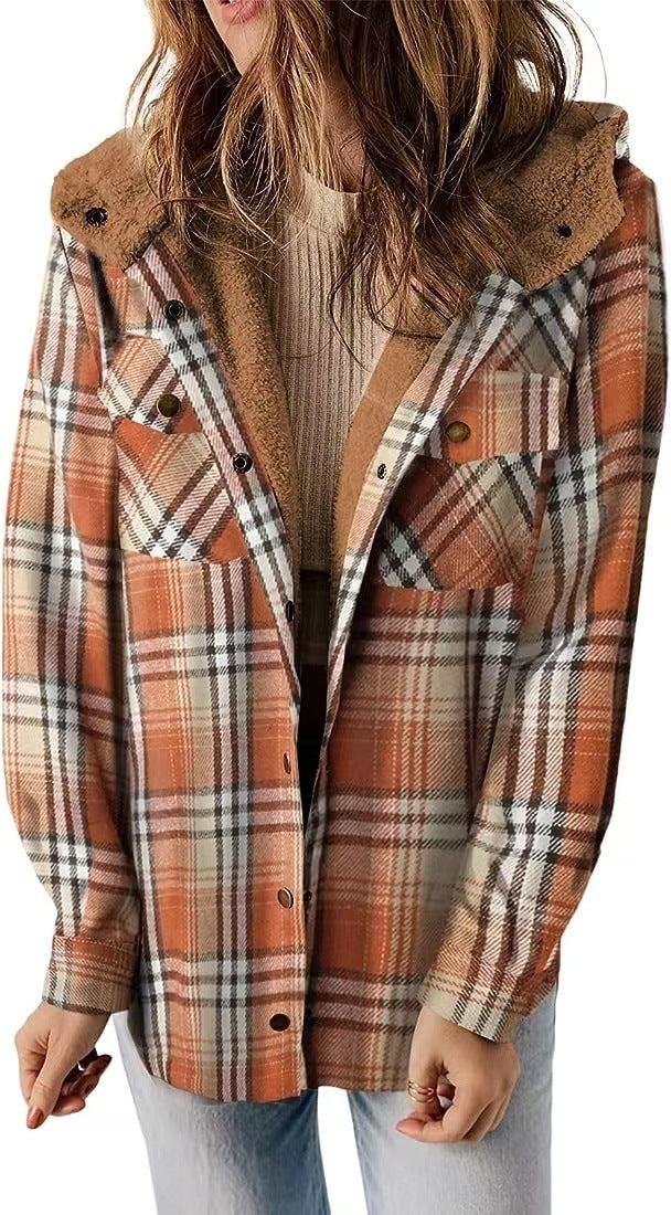 Manteau casual à carreaux avec capuche – Doublure polaire épaissie et chaud