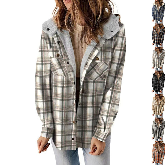 Manteau casual à carreaux avec capuche – Doublure polaire épaissie et chaud