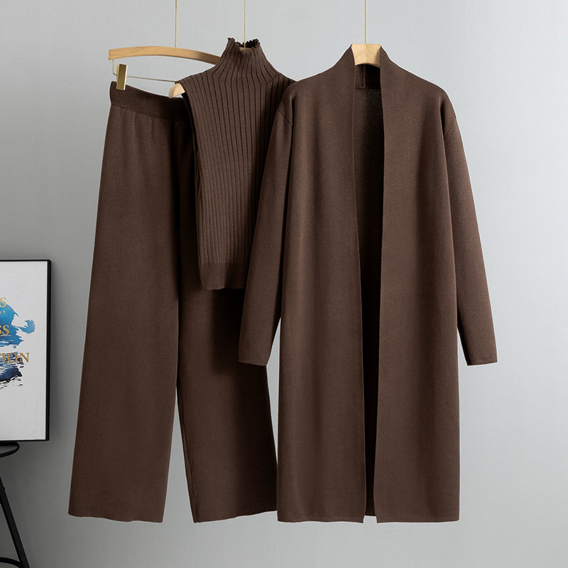 Ensemble 3 pièces femme – Pull sans manches, cardigan long et pantalon large