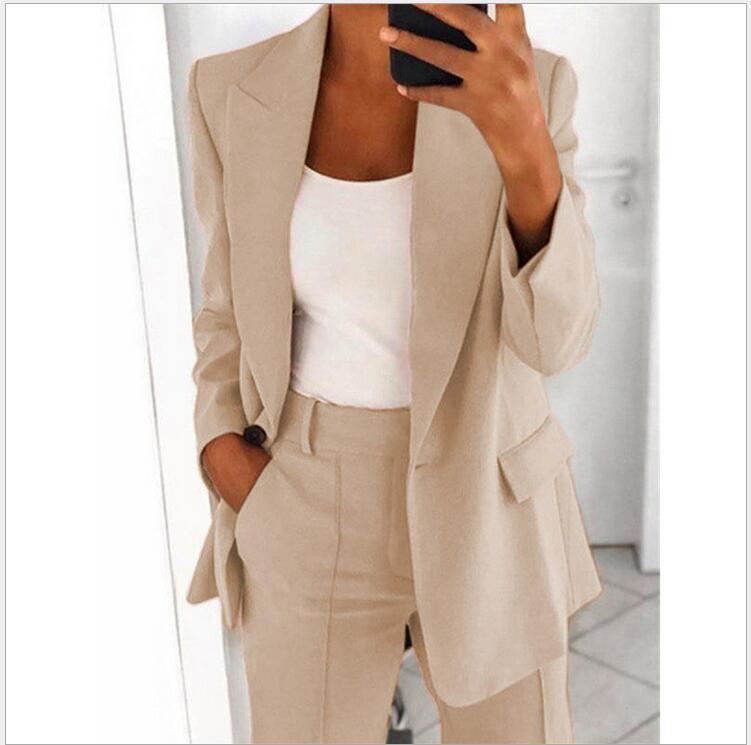 Ensemble Tailleur Femme Décontracté – Blazer Long à Boutons + Pantalon Slim avec Poches