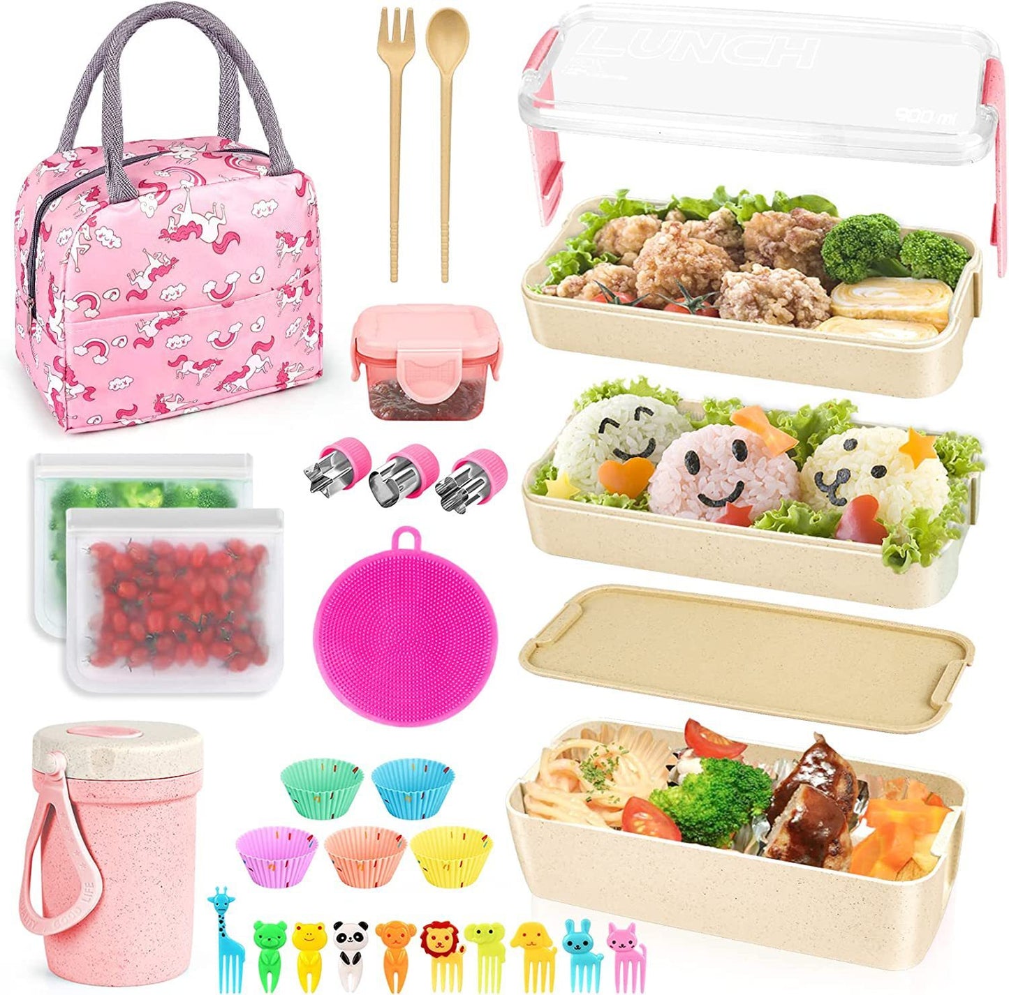 Ensemble bento japonais 27 pièces – Boîte à lunch, sac thermique, tasse petit-déjeuner et sac à goûter