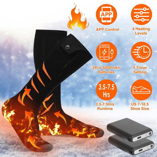 Chaussettes chauffantes électriques unisexes – 2 options, avec contrôle via application & batterie rechargeable 5000mAh – Idéal hiver, ski, randonnée, camping & chasse