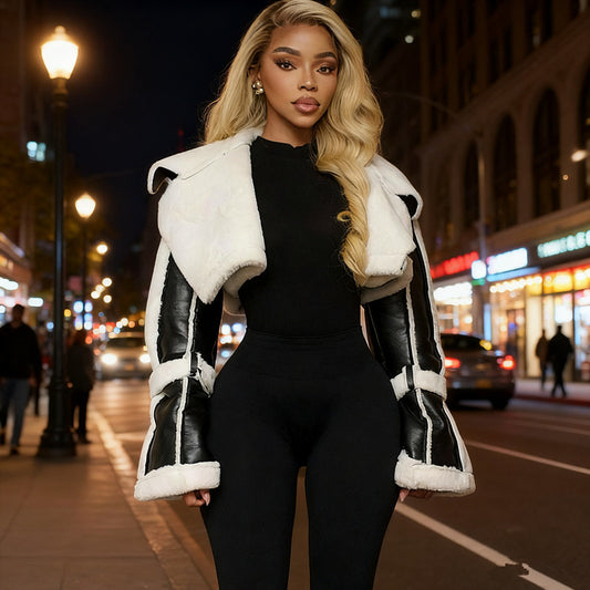 Crop top femme à col en fourrure – Détail patchwork en simili cuir, style street