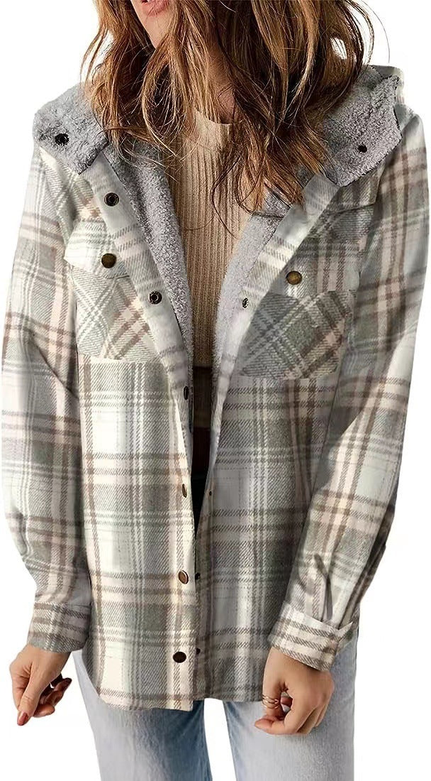 Manteau casual à carreaux avec capuche – Doublure polaire épaissie et chaud