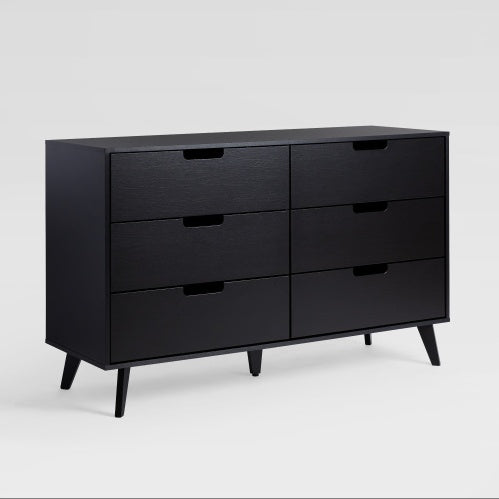 Commode Hans 6 tiroirs – Style mid-century, noire avec poignées découpées