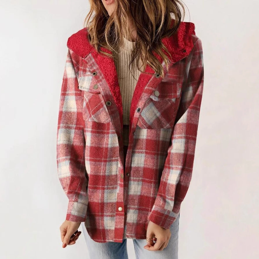 Manteau casual à carreaux avec capuche – Doublure polaire épaissie et chaud